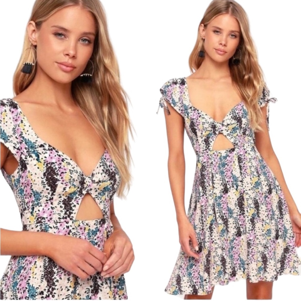 Free People Miss Right Cream Floral Cutout Tie Sleeve Bow Detail Rayon Dress - S